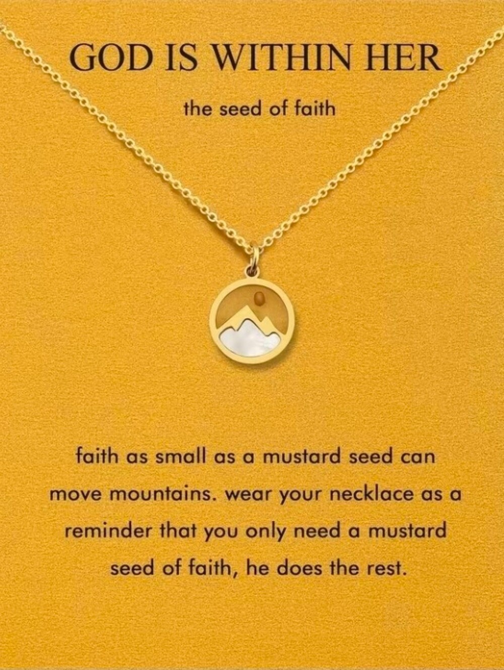 Gold Mustard Seed And Mountain Necklace With Inspirational Note